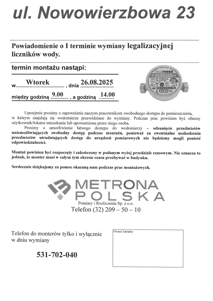 Harmonogram wymiany wodomierzy w zasobach Spółdzielni