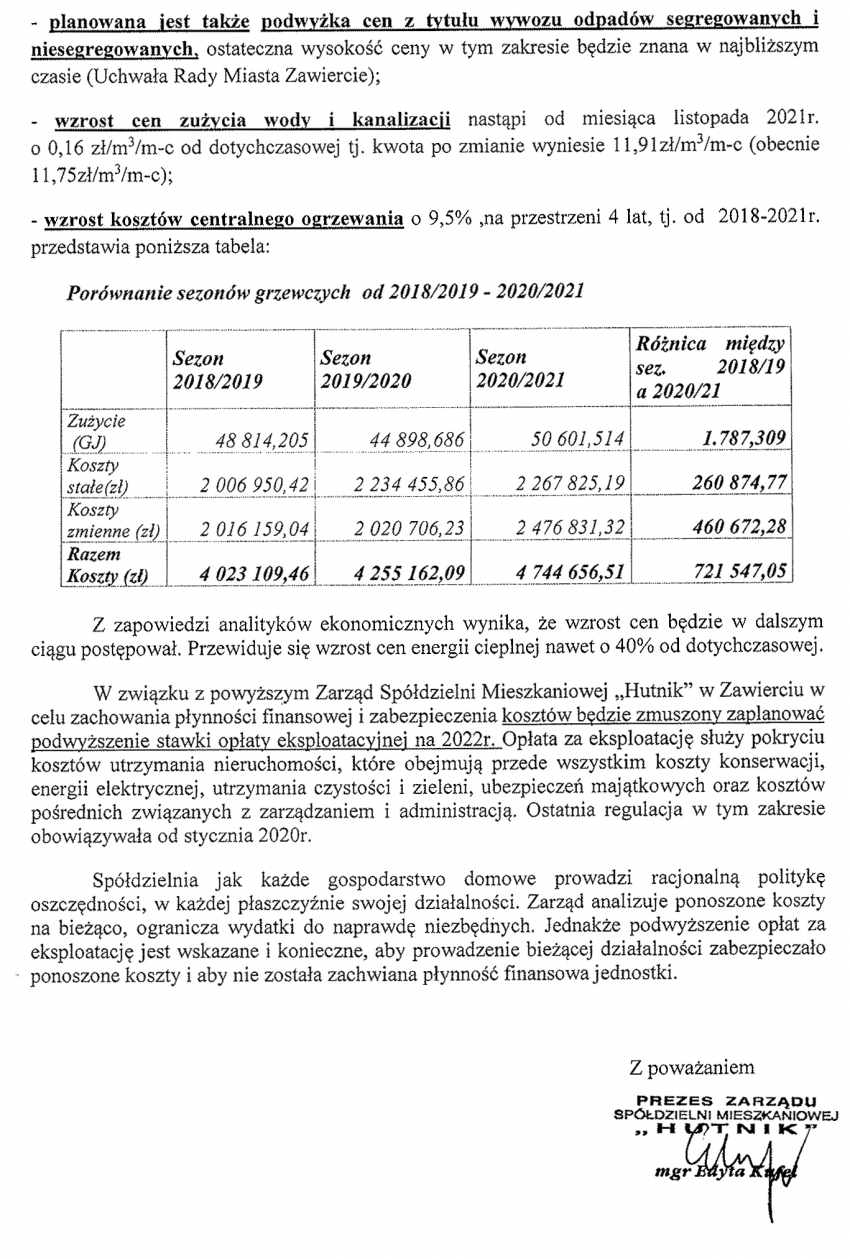 Informacja dotycząca planowanych kosztów niezależnych