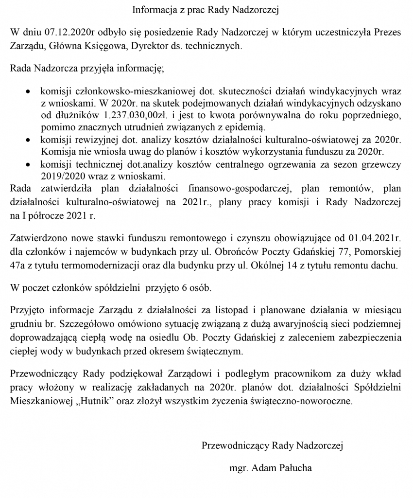 Informacja z pracy Rady Nadzorczej SM „Hutnik” - Grudzień 2020