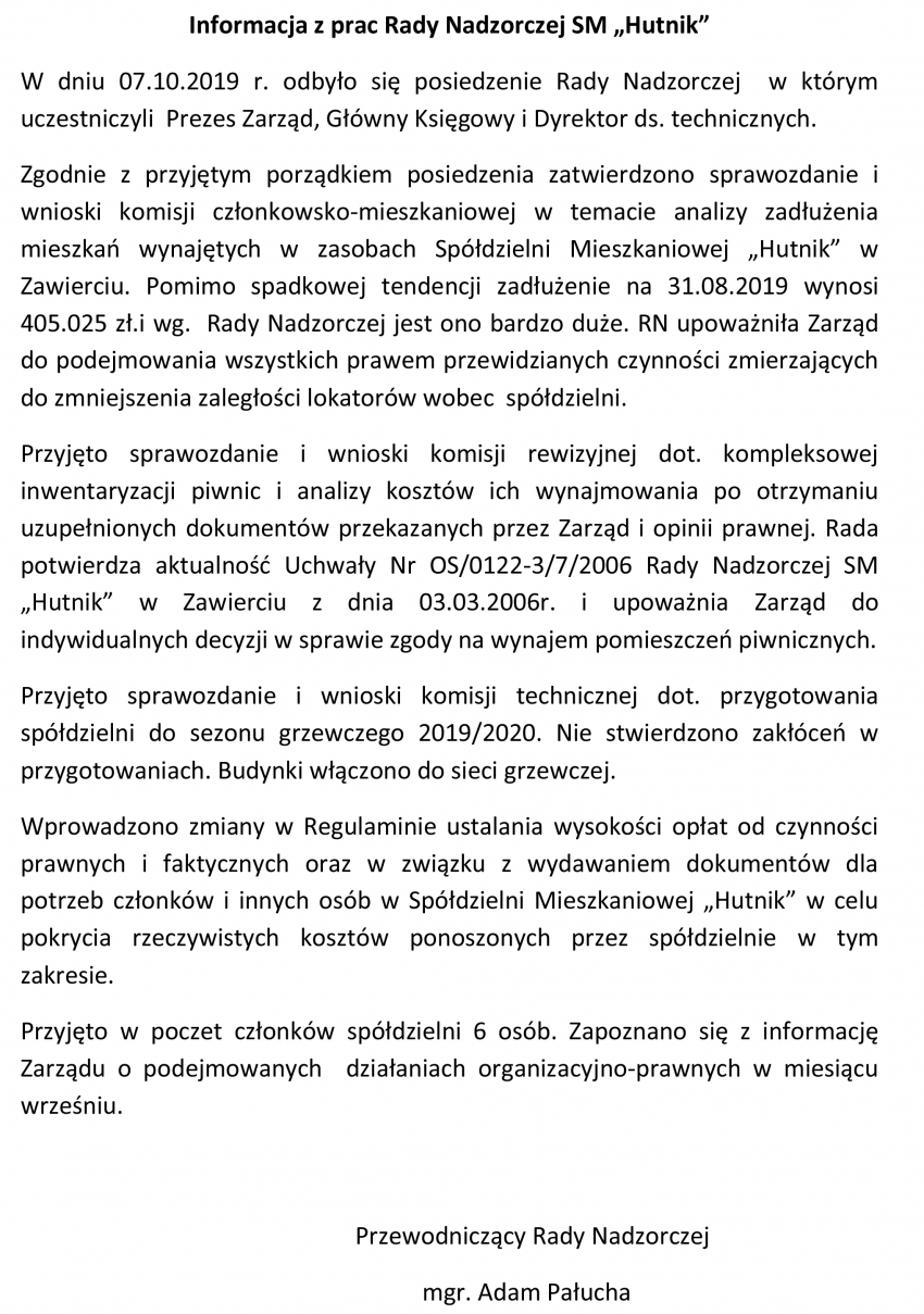 Informacja z pracy Rady Nadzorczej SM „Hutnik” - Październik 2019