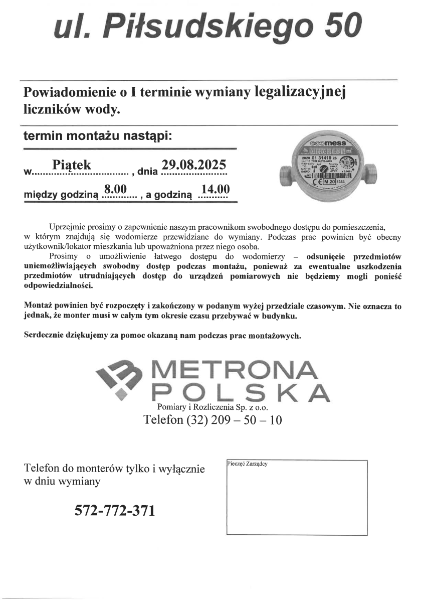 Harmonogram wymiany wodomierzy w zasobach Spółdzielni