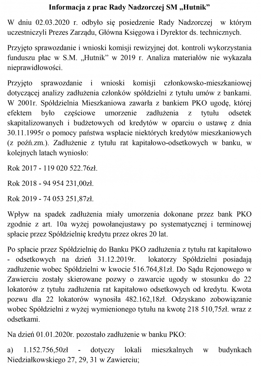 Informacja z pracy Rady Nadzorczej SM „Hutnik” - Marzec 2020