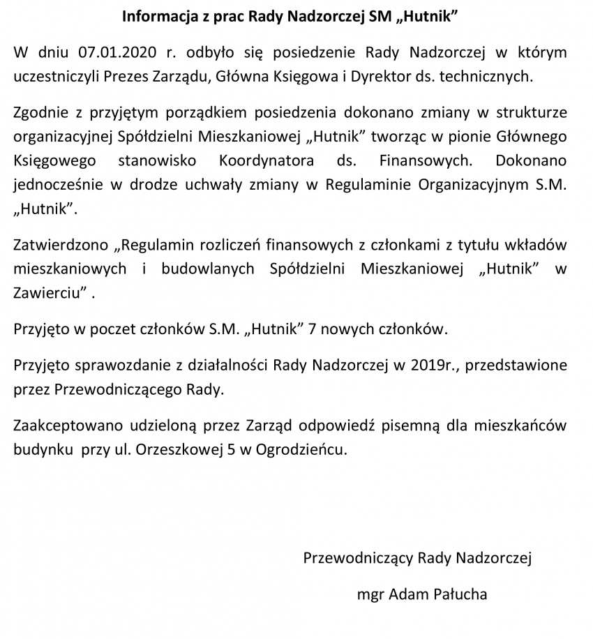 Informacja z pracy Rady Nadzorczej SM „Hutnik” - Styczeń 2020