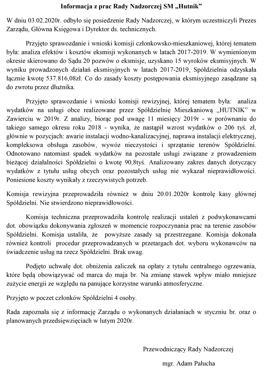Informacja z pracy Rady Nadzorczej SM „Hutnik” - Luty 2020