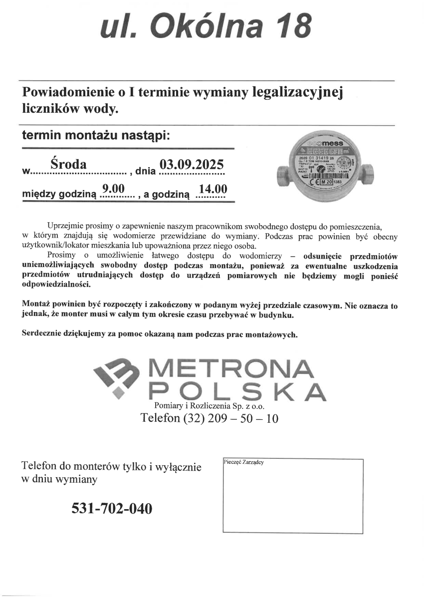 Harmonogram wymiany wodomierzy w zasobach Spółdzielni