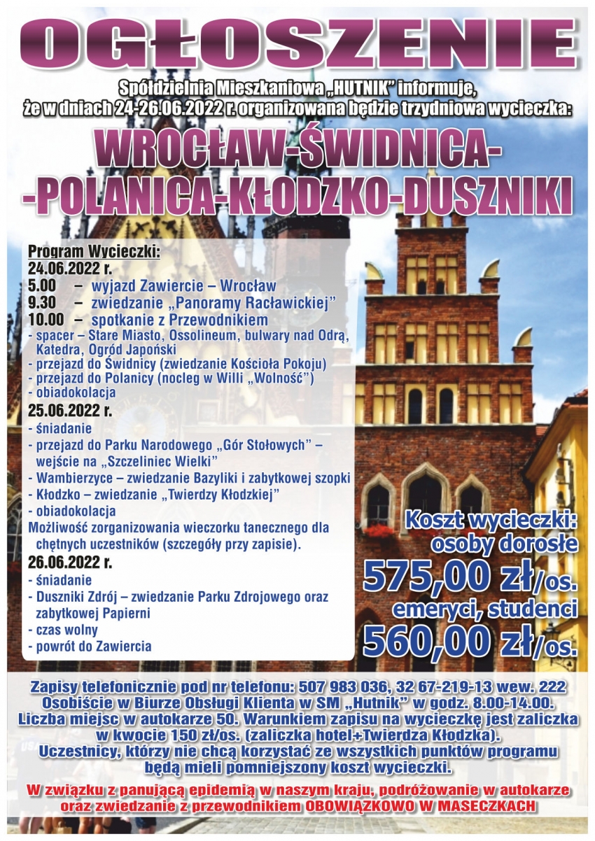 Wycieczka - Wrocław, Świdnica, Polanica, Kłodzko, Duszniki