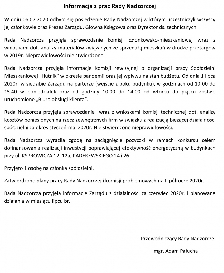 Informacja z prac Rady Nadzorczej SM „Hutnik” - Lipiec 2020
