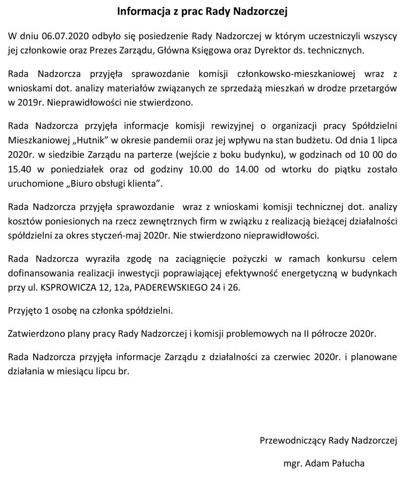 Informacja z prac Rady Nadzorczej SM „Hutnik” - Lipiec 2020