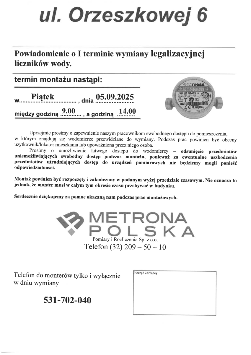 Harmonogram wymiany wodomierzy w zasobach Spółdzielni