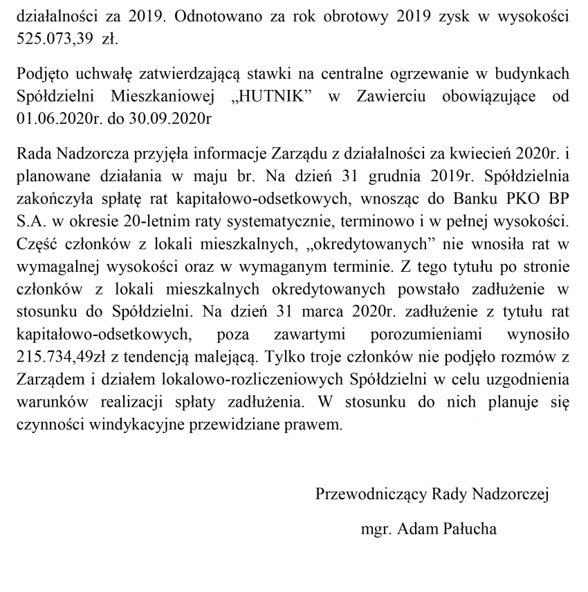 Informacja z prac Rady Nadzorczej SM „Hutnik” - Maj 2020