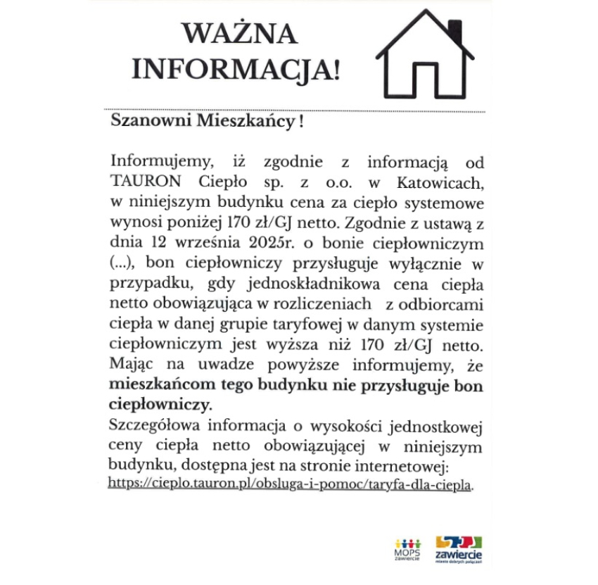 Ważna informacja dotycząca bonu ciepłowniczego