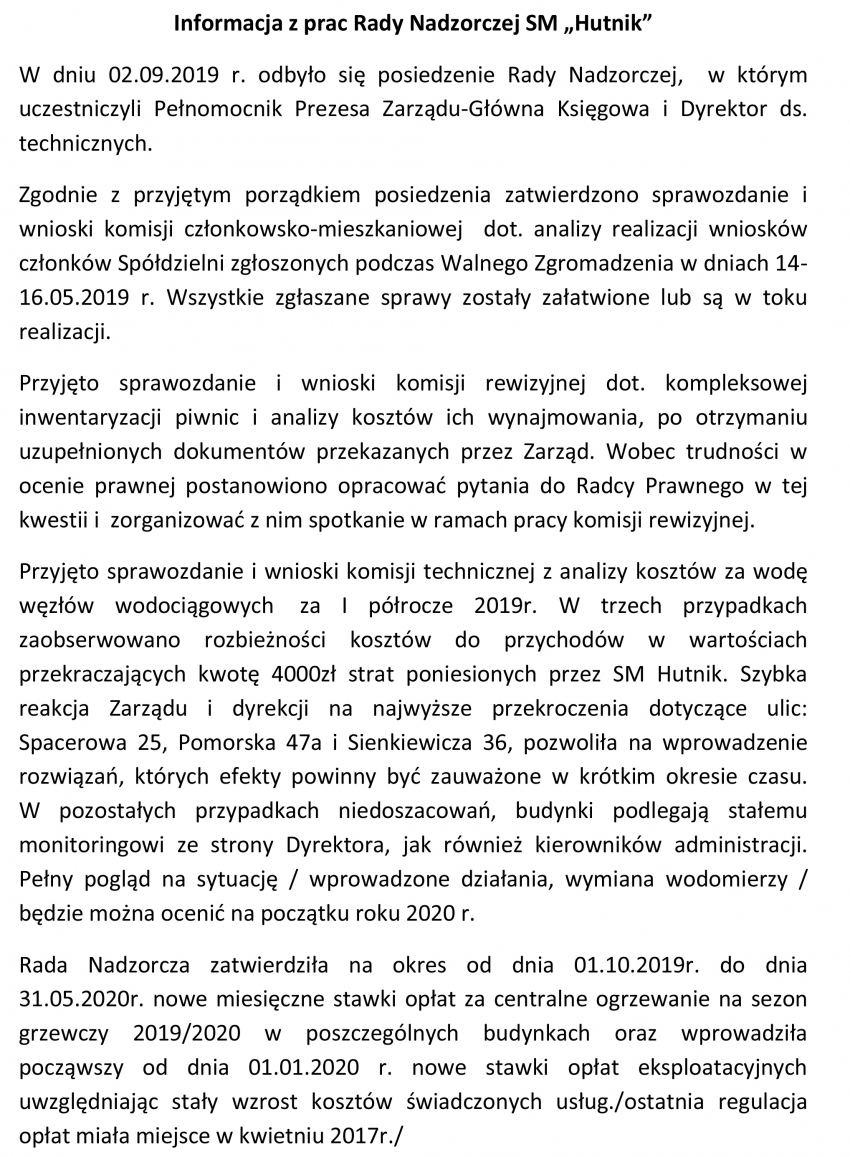 Informacja z pracy Rady Nadzorczej SM „Hutnik” - Wrzesień 2019