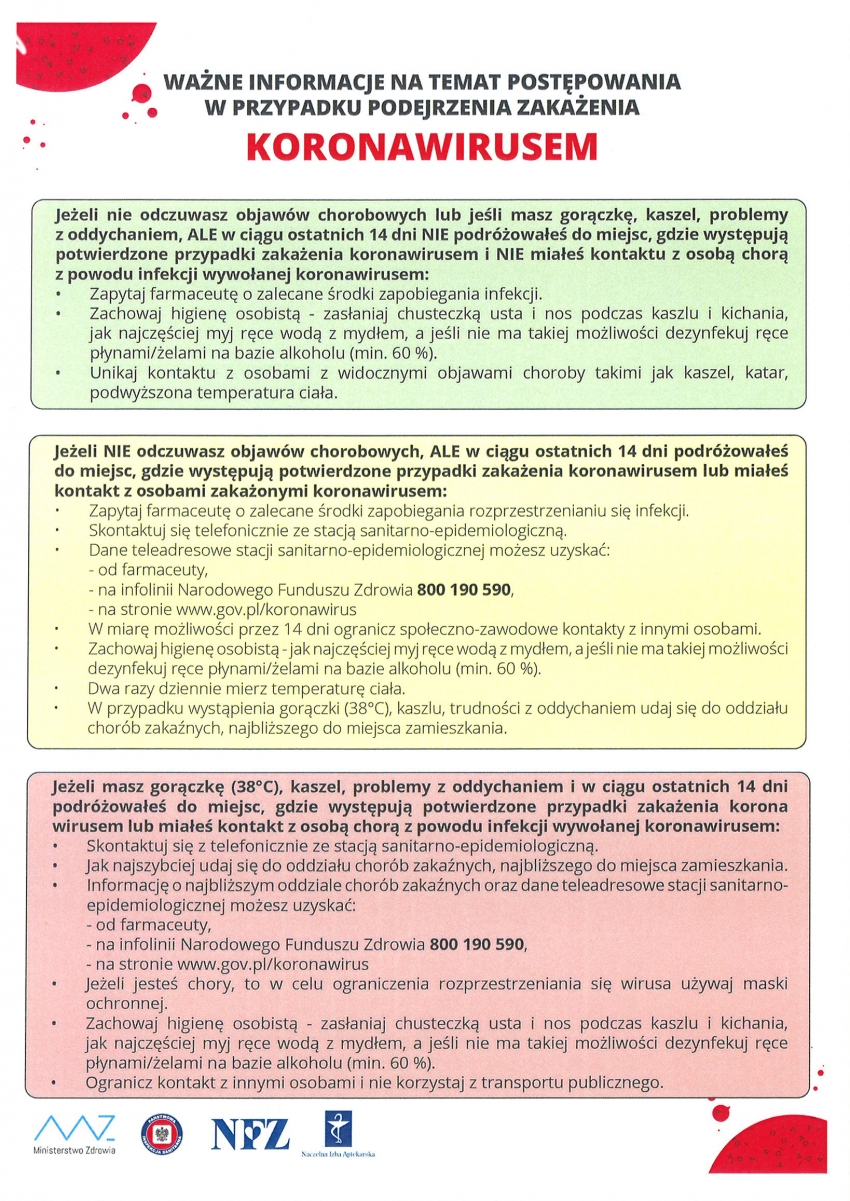 Ważne informacje w związku koronawirusem