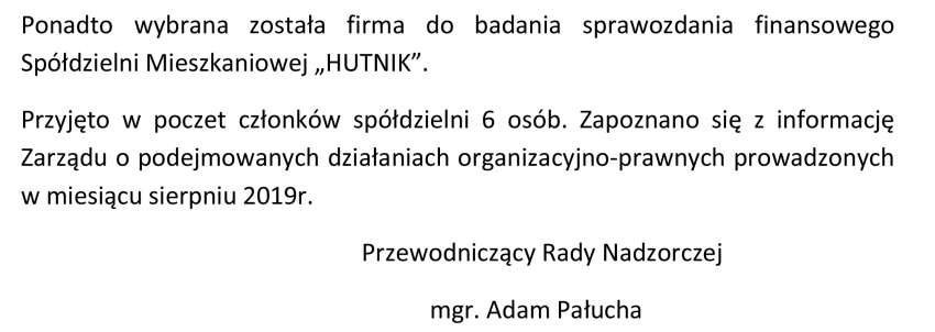 Informacja z pracy Rady Nadzorczej SM „Hutnik” - Wrzesień 2019