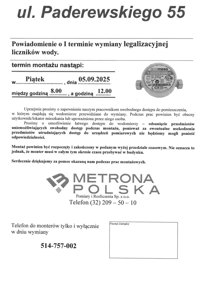Harmonogram wymiany wodomierzy w zasobach Spółdzielni