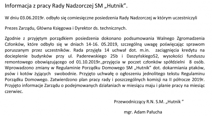 Informacja z pracy Rady Nadzorczej SM „Hutnik” - Czerwiec 2019