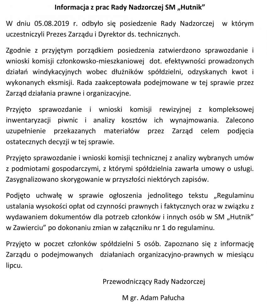 Informacja z pracy Rady Nadzorczej SM „Hutnik” - Sierpień 2019