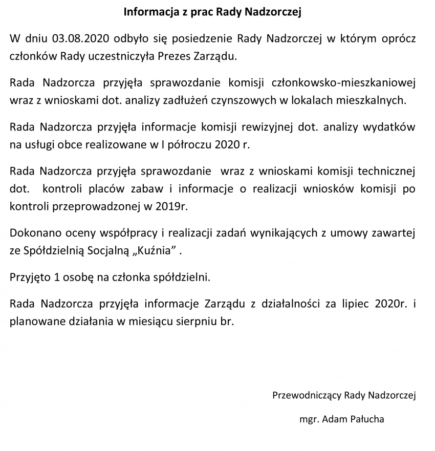 Informacja z prac Rady Nadzorczej SM „Hutnik” - Sierpień 2020