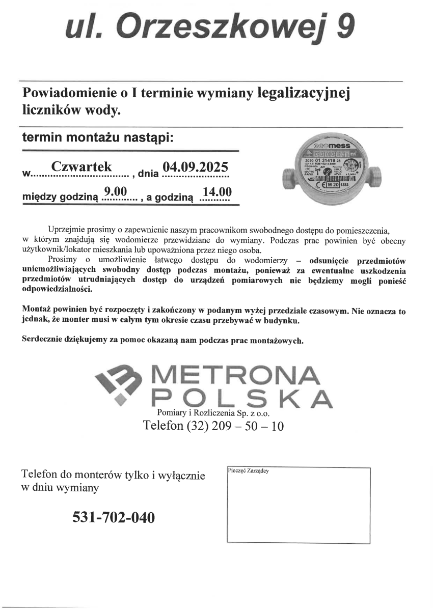 Harmonogram wymiany wodomierzy w zasobach Spółdzielni