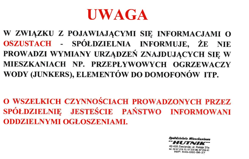 INFORMACJA O MOŻLIWYCH OSZUSTWACH