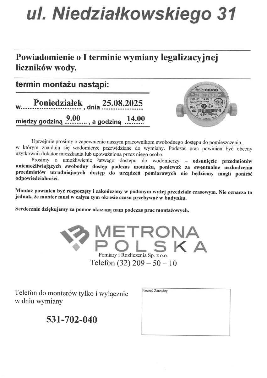 Harmonogram wymiany wodomierzy w zasobach Spółdzielni