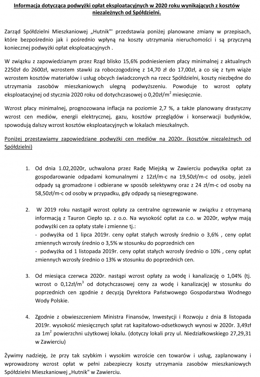 Informacja o podwyżkach eksploatacyjnych w 2020 r.