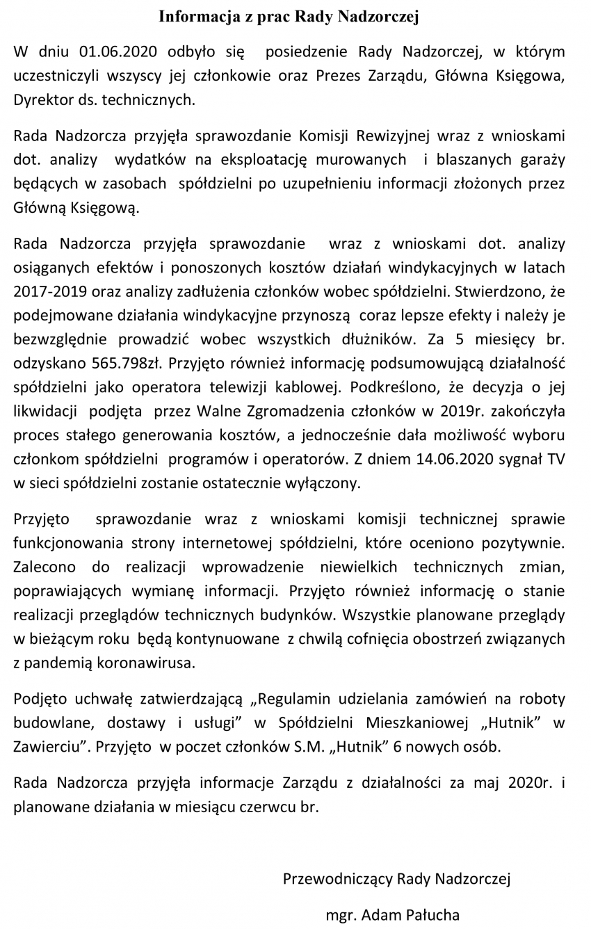 Informacja z prac Rady Nadzorczej SM „Hutnik” - Czerwiec 2020
