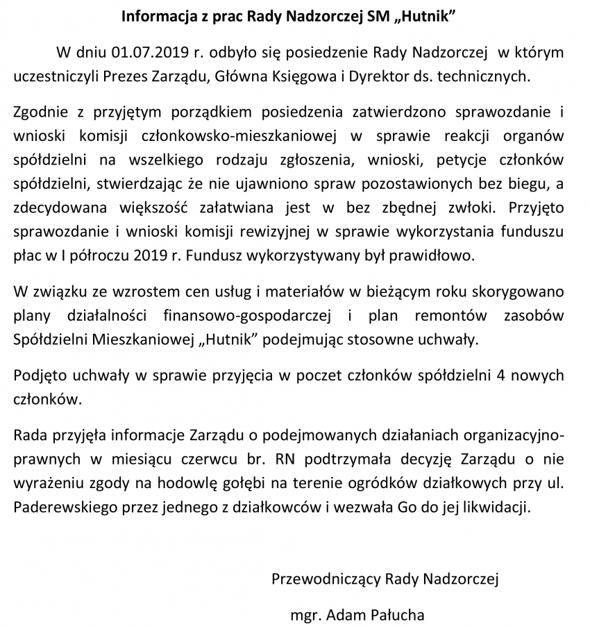 Informacja z pracy Rady Nadzorczej SM „Hutnik” - Lipiec 2019