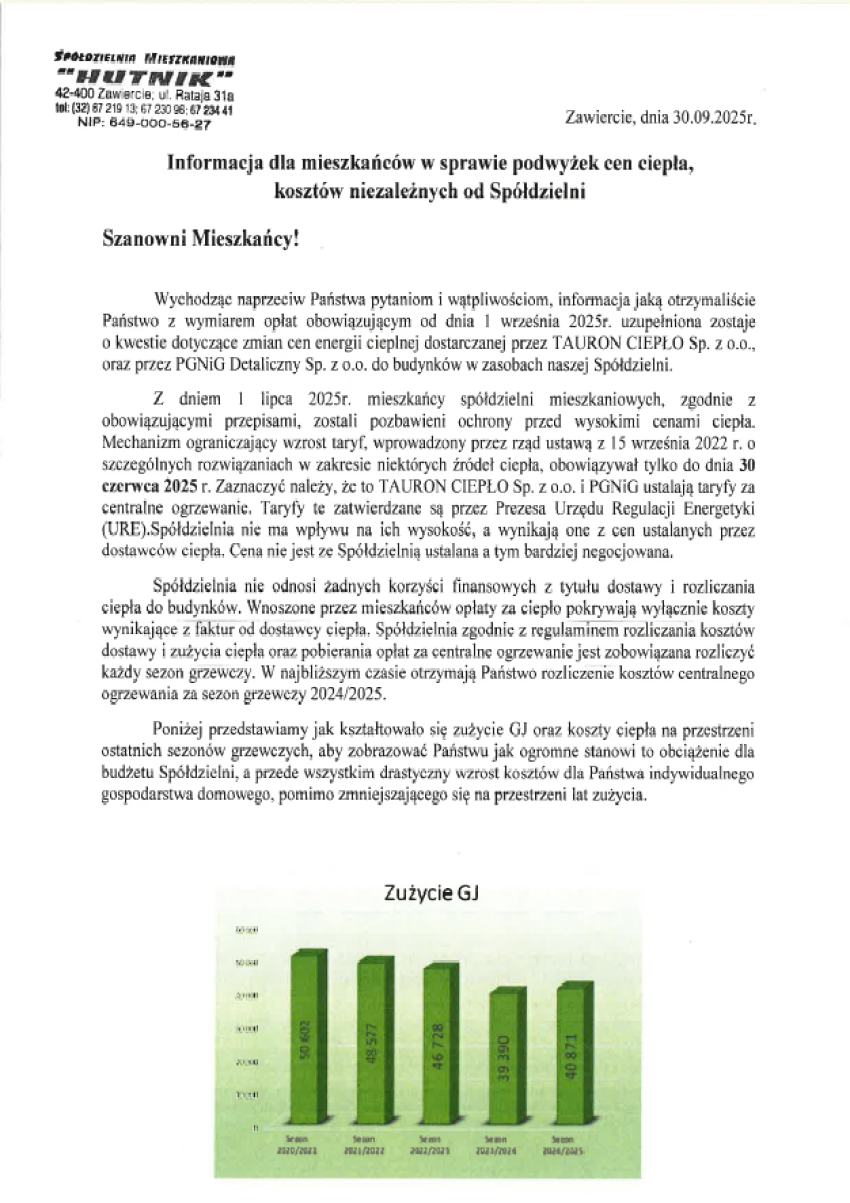 Informacja dla mieszkańców w sprawie podwyżek cen ciepła, kosztów niezależnych od Spółdzielni Informacja dla mieszkańców w sprawie podwyżek cen ciepła, kosztów niezależnych od Spółdzielni