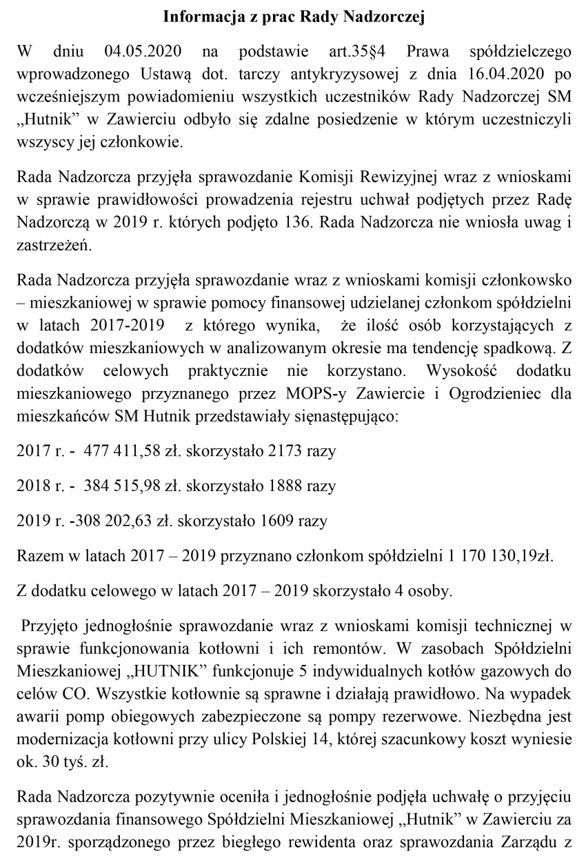 Informacja z prac Rady Nadzorczej SM „Hutnik” - Maj 2020