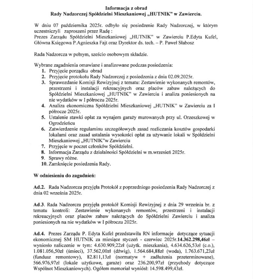 Informacja Przewodniczącego Rady Nadzorczej z obrad w dniu 07.10.2025