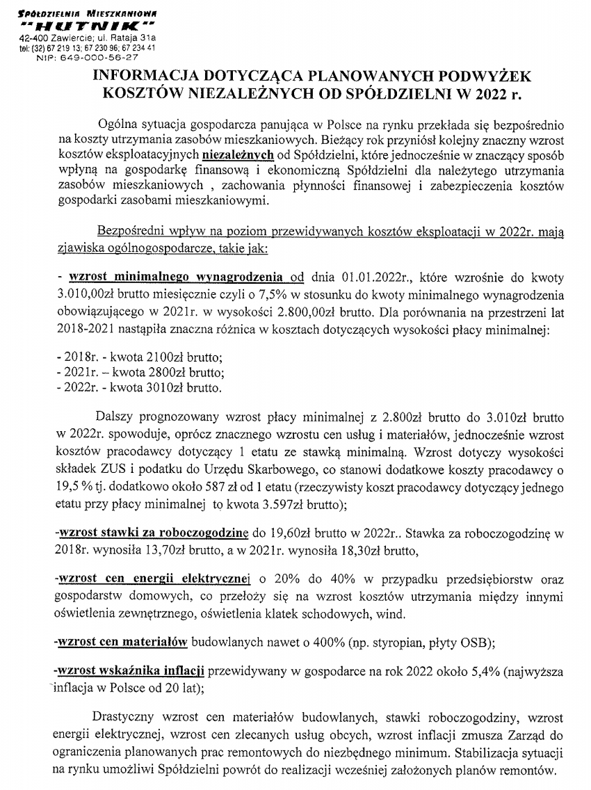 Informacja dotycząca planowanych kosztów niezależnych